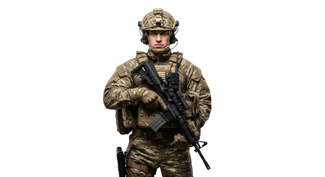 A armed soldier in camouflage uniform. featuring soldier, military, army. This image is ideal for use in various financial contexts.