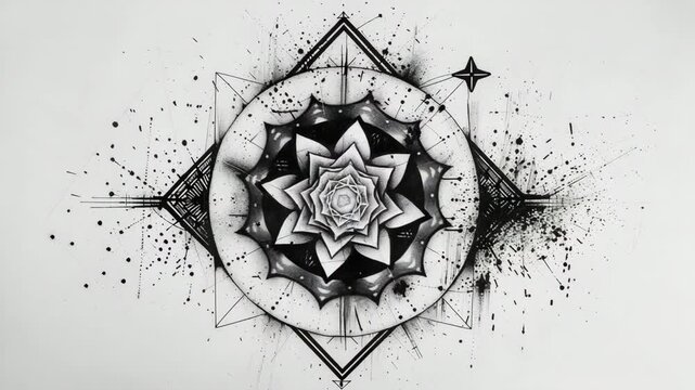 A bold black ink outline with dotwork and grainy blackwork effect of a symmetrical evil lotus flower with lines starburst and stars, Generative AI Videos.