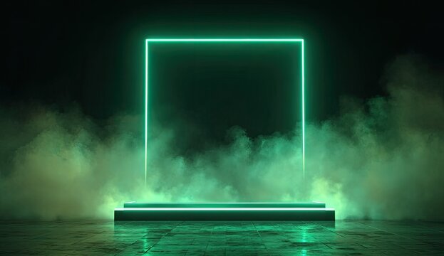 Neon green square frame on a smoky platform