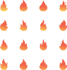 Collection of stylized fire icons in various shapes and sizes isolated on white background