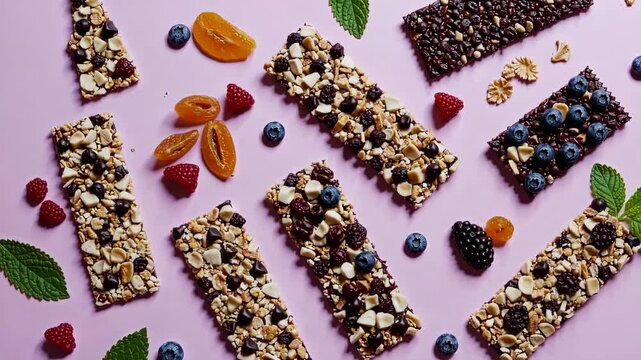 Healthy granola bars with dried berries and oats arranged on pink background, natural energy snack composition with minimal bright food styling
