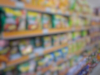 Blurry image of a supermarket aisle with shelves full of products. An abstract retail background for business, shopping, supermarket concepts, or consumer markets.