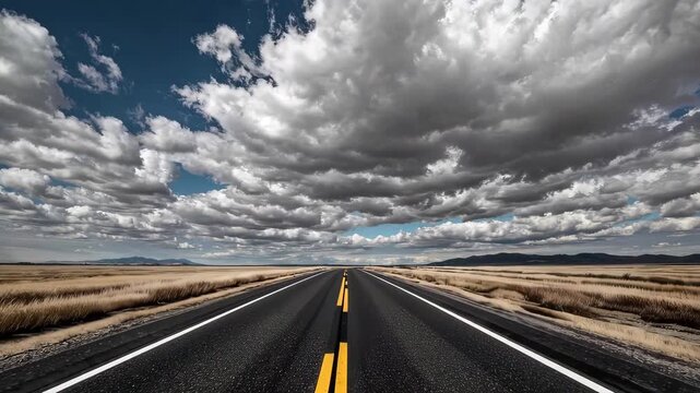 Empty road leading into wide open landscape under dramatic cloudy sky, symbolizing freedom, solitude, journey, and unknown future exploration