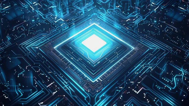 A circuit board pattern with glowing neon lines forming the shape of an isometric square in the center of the composition, Generative AI Videos.