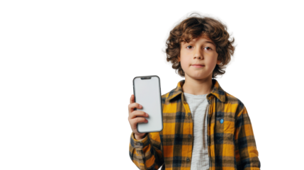 A boy holding smartphone with blank screen. featuring child, boy, kid. This image is ideal for use in various financial contexts.