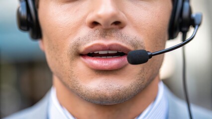Close-up of a man wearing a headset microphone, speaking or assisting, likely in customer service or support.
