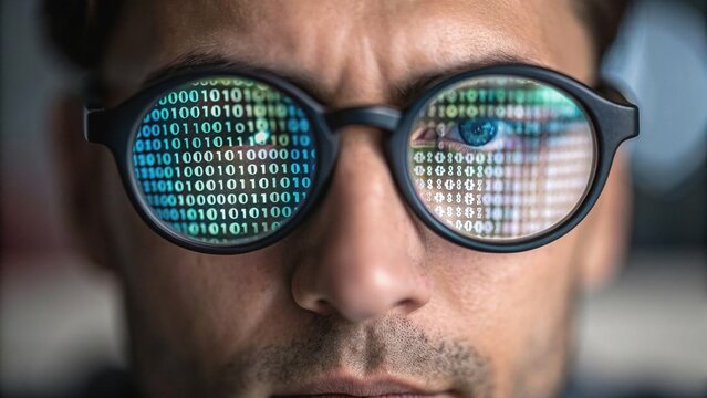 A close-up of a person's face wearing glasses reflecting digital binary code, symbolizing programming, coding, or cybersecurity.