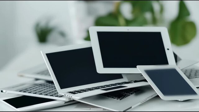 Pile of used digital tablets, phones, laptop computer on table in office. Donation, charity, e-waste, electronic gadgets for reuse, refurbish, recycling