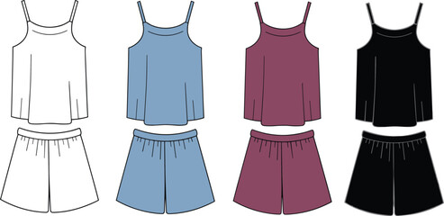 Women's pajama set, camisole and shorts, cad drawing flat vector illustration, sleepwear design in four colors, fashion flats for stock