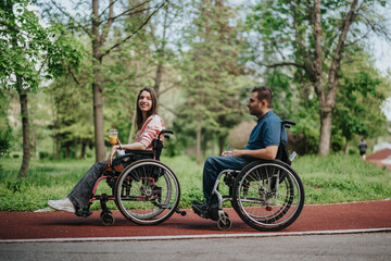 Two individuals in wheelchairs spending quality time together on a path in a park, surrounded by...