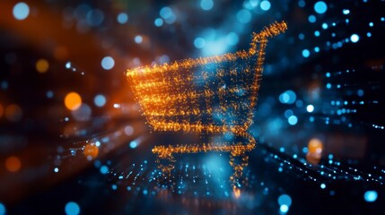 Abstract glowing shopping cart symbol formed by digital particles on dark background.