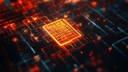 Abstract digital data streams flow through a glowing circuit board, highlighting a central processing unit.