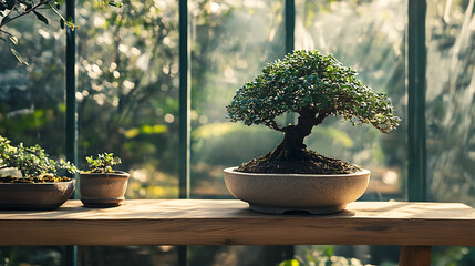 bonsai in clean stone pot on wooden shelf inside minimalist greenhouse, soft diffused light, zen harmony.