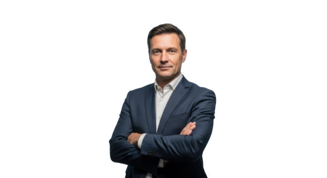 A confident businessman in suit posing. featuring man, businessman, portrait. This image is ideal for use in various financial contexts.