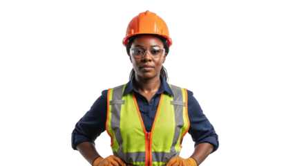 A confident female construction worker portrait 1. featuring worker, construction, female. This image is ideal for use in various financial contexts.