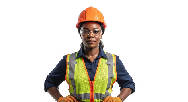 A confident female construction worker portrait 1. featuring worker, construction, female. This image is ideal for use in various financial contexts.