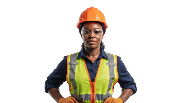 A confident female construction worker portrait 1. featuring worker, construction, female. This image is ideal for use in various financial contexts.