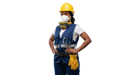 A confident female construction worker portrait 2. featuring worker, construction, female. This image is ideal for use in various financial contexts.