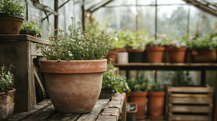 hand-thrown clay plant pot in rustic greenhouse with drying herbs and wooden crates.