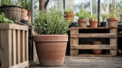 hand-thrown clay plant pot in rustic greenhouse with drying herbs and wooden crates.