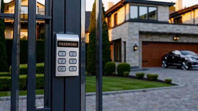 Modern security system keypad with luxury house and car in background, concept of safety, access control and high-end gated property protection