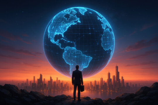 Businessman looking at holographic globe above futuristic city at sunset, global business and investment