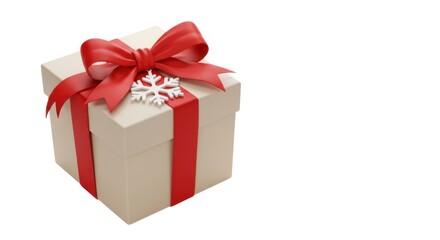 Obraz premium Beige gift box with red ribbon and snowflake isolated on white background
