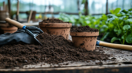 pot mockup on potting table wih soil, trowel, and gloves inside working greenhouse.