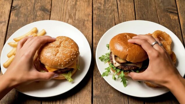 Top view video of two gourmet burgers with different buns served with French fries and onion rings on white plates over rustic wooden table. Fast food meal comparison concept.