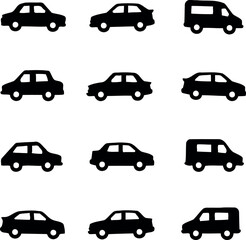 Collection of black car and van silhouettes isolated on white background