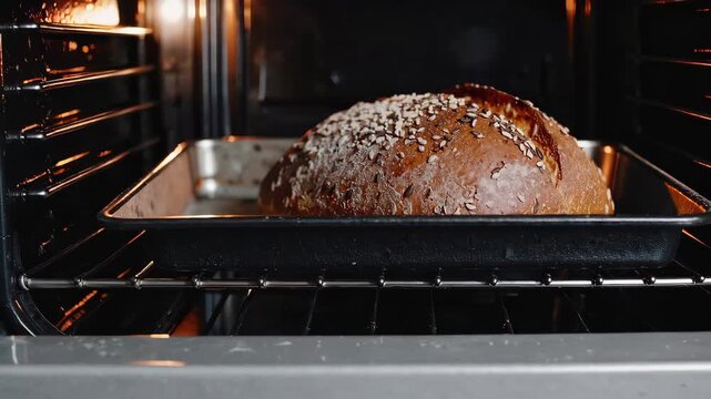 Fresh round loaf of multigrain bread on baking tray with sesame and sunflower seeds, healthy homemade rustic baking concept in warm tones