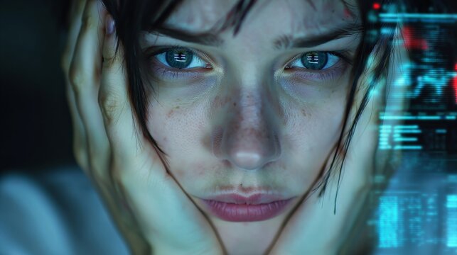 Close-up portrait of a person with striking blue eyes, dark hair framing their face, hands near cheeks in a contemplative gesture.