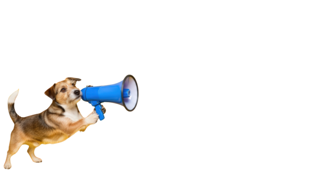 A dog with megaphone making announcement. featuring dog, animal, pet. This image is ideal for use in various financial contexts.