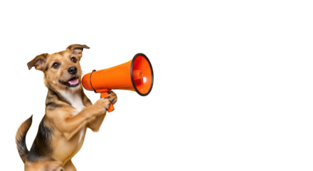 A dog holding megaphone making announcement. featuring dog, animal, pet. This image is ideal for use in various financial contexts.