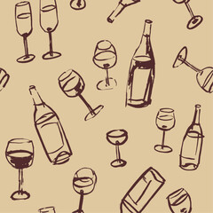 Seamless pattern with wine glasses and bottles, line art drawings, sketched art
