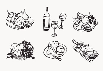 Line art design elements, charcuterie hand drawn illustration, wine and cheese vector drawings