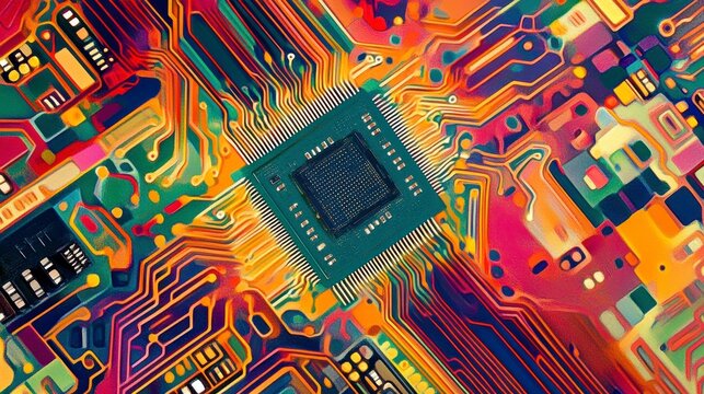 Colorful abstract close-up of a computer processor on a circuit board.