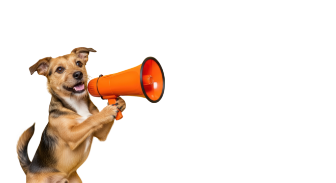 A dog holding megaphone making announcement. featuring dog, animal, pet. This image is ideal for use in various financial contexts.