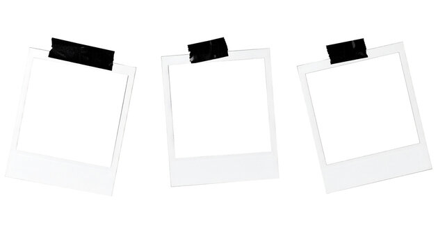 Set of photo frames mockup hanging by black adhesive tapes with shadows. Photo polaroid template, White border on a transparent background