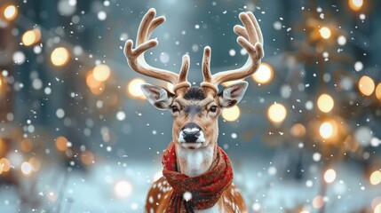 Fototapeta premium Vintage Christmas card with deer illustration and winter holiday atmosphere