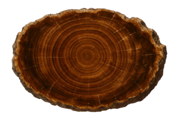 Polished section of petrified wood with visible tree ring patterns and earthy tones