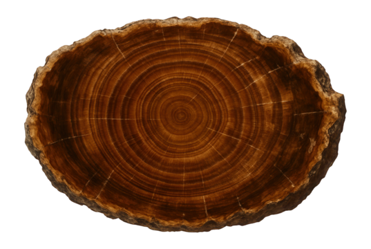 Polished section of petrified wood with visible tree ring patterns and earthy tones