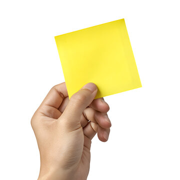 Hand holding yellow sticky note, casual grip, clean view, on isolated transparent background