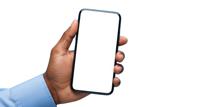 A hand holding smartphone with blank screen 1. featuring smartphone, hand, holding. This image is ideal for use in various financial contexts.