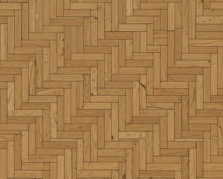 A detailed top-down view of a traditional wooden floor with a natural golden oak herringbone parquet pattern
