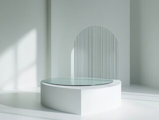 Podium scene with reeded translucent glass panel, creating a modern minimalist display setup