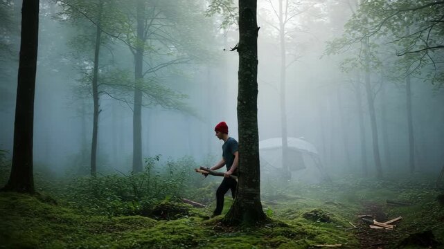 Man With Axe In Misty Forest
