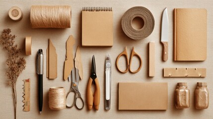 Brown Paper Craft Tools Flatlay on Beige Background.