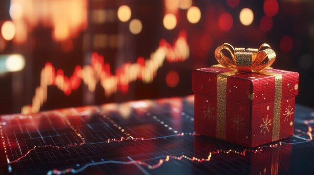 Red gift box with gold ribbon sits on a glowing stock market graph.