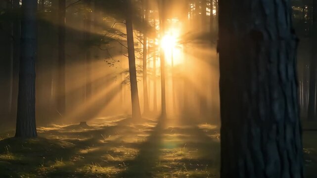 Sun-Kissed Forest A Beautifully Lit Woodland Scene with Golden Light Rays and Serene Alam